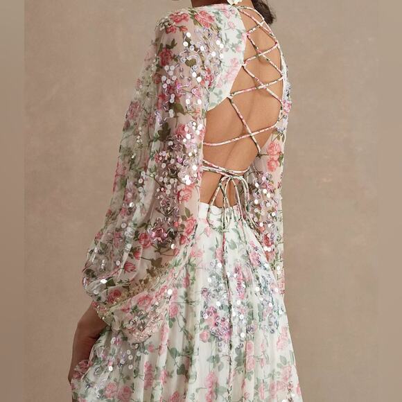 Mac Duggal Sequined Floral Print Cut Out Lace Up Gown A93746 Women’s Sz 8 - Picture 6 of 13